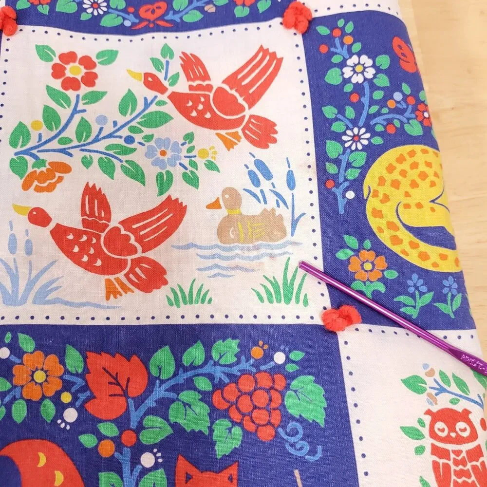 Vtg Printed Block Quilt Pattern Baby Blanket Forest Animal Fox Owl Deer Folk Art